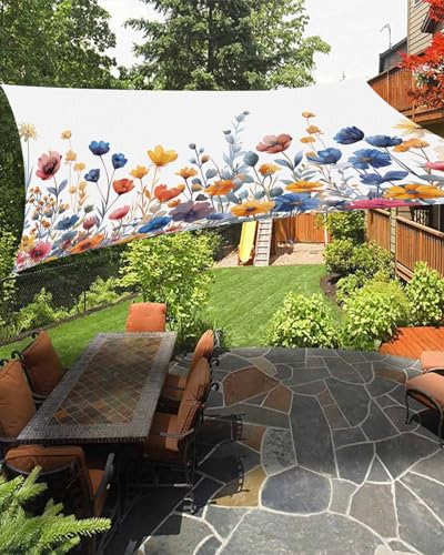 Flower Sun Sail Shades Rectangle Canopy,Sunlight Block Heavy Duty Curved Backyard Shade Cover,Waterproof Sun Shades for Patios Outdoor,8'x10' Blue Floral Daisy Eucalyptus Lavender White Watercolor