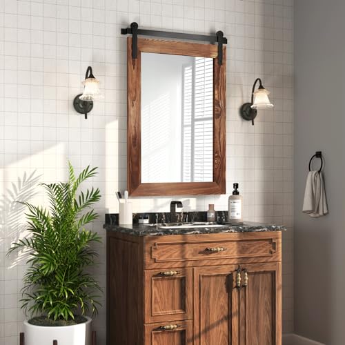 Image of COGOOD Bathroom Mirrors for Over Sink - 42 inch x 29 inch Farmhouse Barn Door Mirror for Living Room, Entryway, Bedroom, Vanity Wall Decor Brown