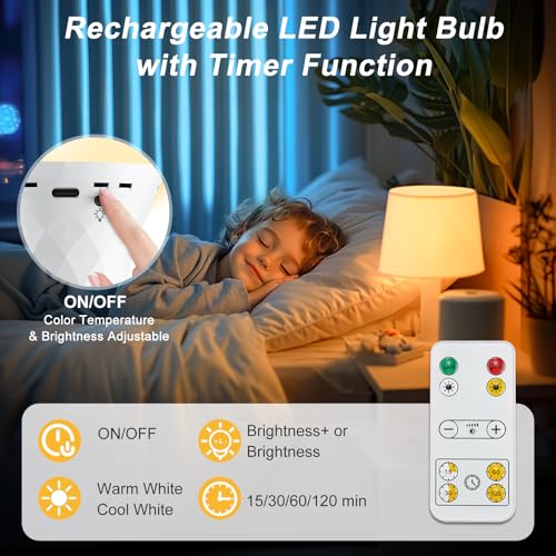 E27 LED Glühbirne 2Stück USB Rechargeable 2600mAh Lampe Warmweiss&Kaltweiss Dimmbar mit Fernbedienung,Timer Lampen E27-Sockel&Wiederaufladbare Dual-Purpose mit Haken für Tischlampe,Pendellampe,Camping – Bild 5