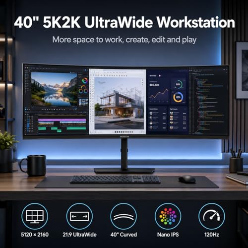 Image of Deco Gear 40 inch Curved 5K2K Nano IPS Monitor, 5120x2160 UltraWide 21:9 Display, 120Hz, 99% DCI-P3, HDR, Adaptive Sync, 65W USB-C PD, 2500R, HDMI Display Port