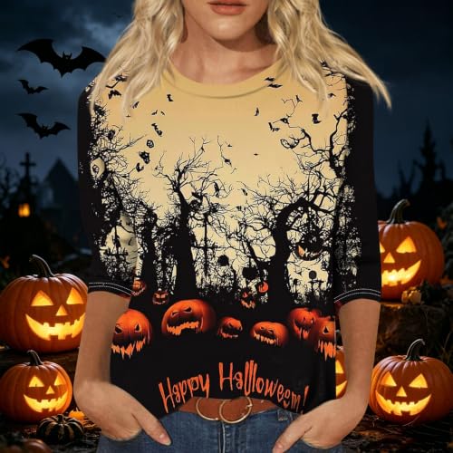 Image of Women Spooky Halloween Graphic Shirt 3 /4 Length Sleeve Crewneck Top | Halloween Funny Printed Pumpkin Plus Size Tshirts 2026 Fall Outfits Skeleton Tee Going Out Tops
