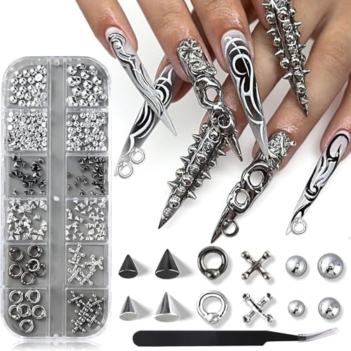 Kinretixia Charms Goth pour ongles, accessoires 3D triangle et spike punk gothic, perles à clous noires, piercings en alliage argenté, décorations style année 2000,...