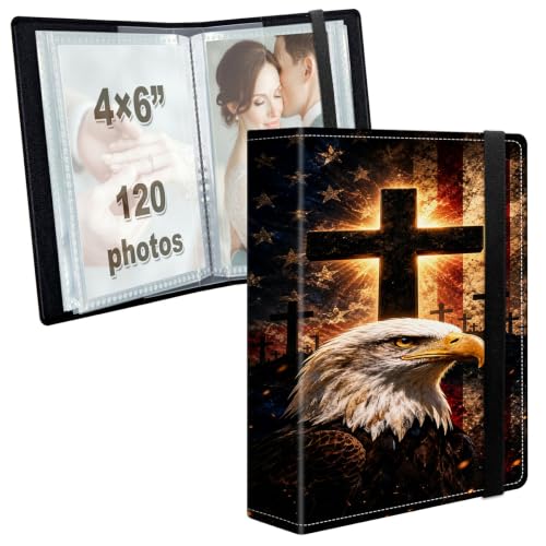 Image of Photo Album 4x6 120 Photos with Strong Elastic Band, Patriotic Eagle Cross | Large Capacity Premium Leather Picture Album, Portable Wallet Albums Photo Book for Family Anniversaries Wedding Baby