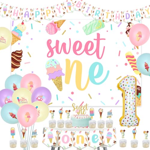 Image of Ice Cream Sweet One Birthday Party Decorations Summer Ice Cream First Bday Decorations for Girl Sweet One Backdrop Cupcake Toppers Happy Birthday Banner High Chair Banner Balloons