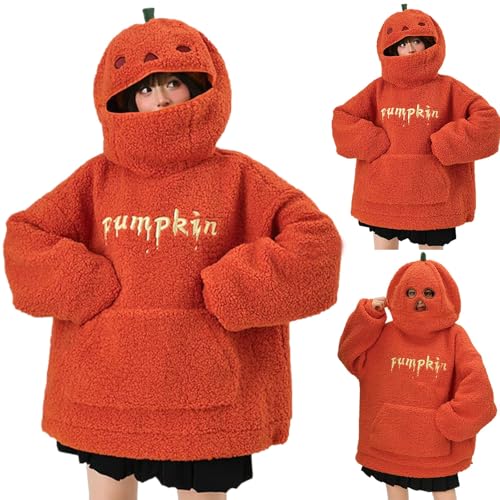 HUIFUAO Halloween-Sweatshirt für Damen, lustiger Kürbis-Kapuzenpullover, Neuheit, Halloween-Kostüme, Winter, flauschig, Fleece, Sherpa-Pullover,...