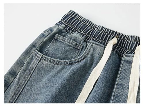 Hndudnff Men Elastic Waist Jeans Solid Color Straight Drawstring Denim Trousers Casual Wide Pants3