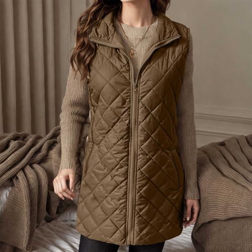 XOGWVJ Fuzzy Vest Women Long Puffer Vest Women Quilted Sleeveless Winter Coat Zip Up Mid Length Warm Jacket with Pockets Casual Fall Outerwear Brown L - image 2
