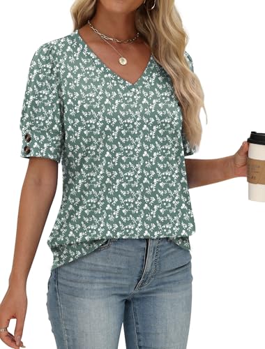 Image of OFEEFAN Womens Tops Short Sleeve Shirts Buttons V Neck Spring Fashion Summer Outfits Plus Size Blouses Dressy Casual