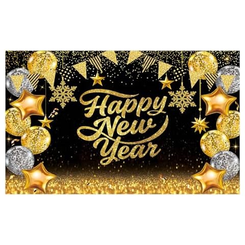 Allenjoy Happy New Year Backdrop Hello 2025 Photography Background Black and Gold Glitter Bokeh New Year's Eve Party Decor Banner Photo Booth Studio Party Supplies Gift Ideas Cover