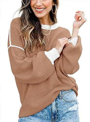Image of Fall Clothes for Women 2026 Fashion Outfits Knitted Oversized Sweaters | Disamer Womens Sweater Trendy,Color Block Crew Neck Long Sleeve Knitted Pullover Jumper Tops,Striped,Winter Cute Sweaters