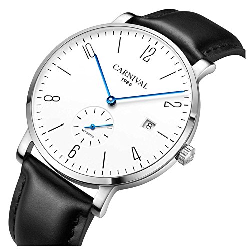 Image of MASTOP Mens Ultra-Thin White Dial Watches Leather Strap Fashion Waterproof High End Automatic Mechanical Watch