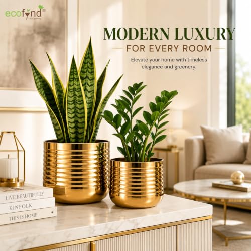 Image of ecofynd 2 Pack Metal Plant Pots (6 inch, 5 inch), Indoor Small Planter Flower Pots, Home Garden Decor Planter for Living Room Bedroom Interior (Gold Finish, POT052)
