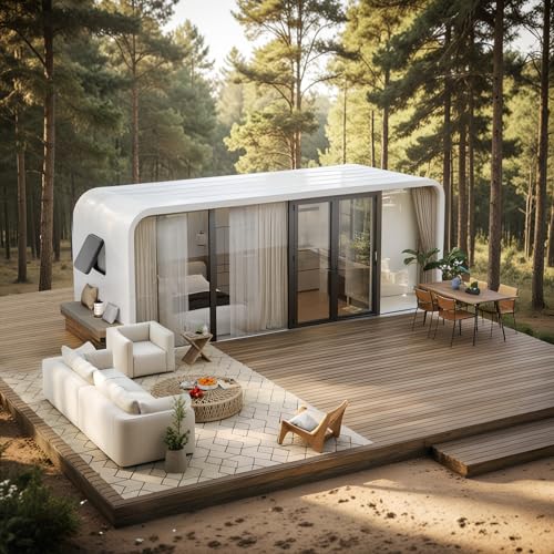 RYONGII 19FT Modern Prefab Steel-Framed Tiny House to Live in - Built for 16-Storm Winds & Earthquakes Proof，Customizable Mobile Cabin with Full Kitchen & Bath - Backyard Office, Guest House, ADU