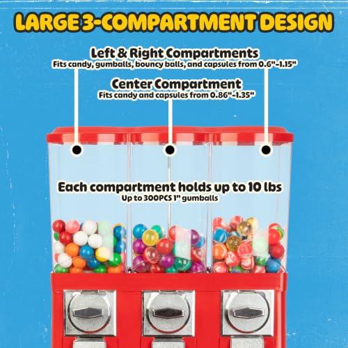 Image of Great Northern Popcorn 3 Compartment Gumball Machine, Red | Triple Vending Machine Candy Dispenser for Bubble Gum Balls, Capsules, or Candy for Business or Home