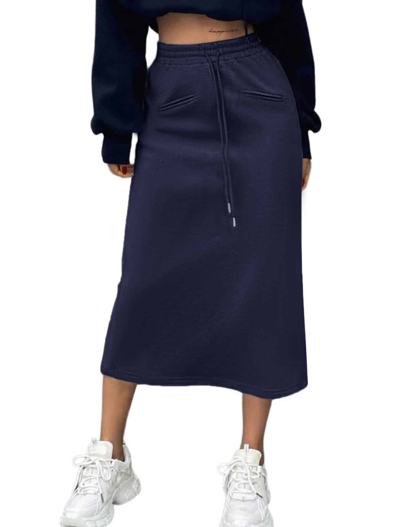 SOFIAS CHOICE Womens Midi Skirt Drawstring High Waist Sweat Skirts with Pockets
