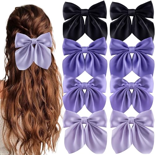 hisial 8 Pcs Hair Bows for Women Short Tail Bow Hair Clips Small Alligator Barrettes Cute Accessories for Girls(Black/Purple)