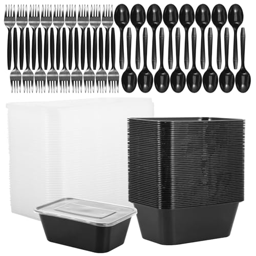 harupink 50 cajas de 830 ml con tapa y cuchara tenedor, reutilizables, microondas, congelador, lavavajillas, apilables, 1 compartimento, fiambrera hermética de polipropileno sin BPA