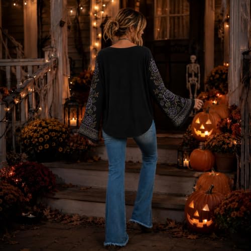 Womens Halloween Shirts Skeleton Shirt Floral Graphic Bell Sleeve Top - image 5