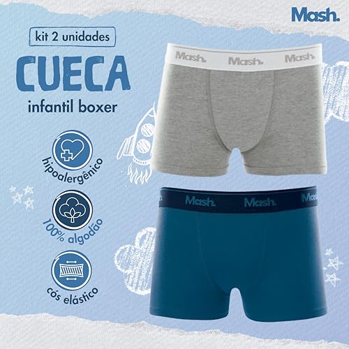 INFANTIL MASH Kit 2 Cuecas Boxer Algodão Cueca Box Meninos Crianças, Cinza Mescla Claro - Azul Petro