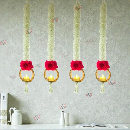 Image of S2S Red Flower Wall Hangings 24 Inch for Home Decoration (Set of 4) | Handmade Diwali Decor Psychedelic Wall & Door Valance Hanging (LED Lights Not Included)