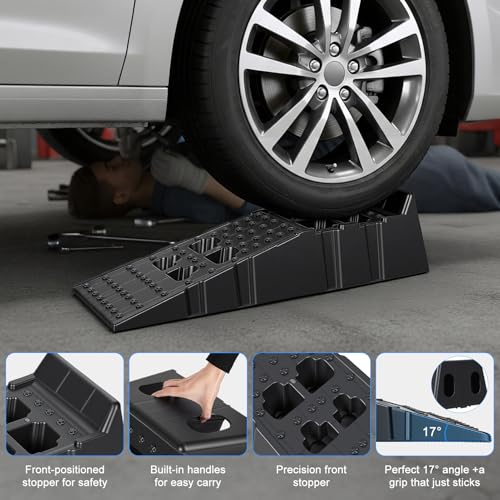 Juego de Rampas Plásticas para Autos de 12" de Ancho, Capacidad 13000 lb, Rampa para Servicio Vehicular, Elevación de 8.6 Pulgadas, Uso Pesado para Mantenimiento de Cambio de Aceite en Garage (Negro) miniatura 4