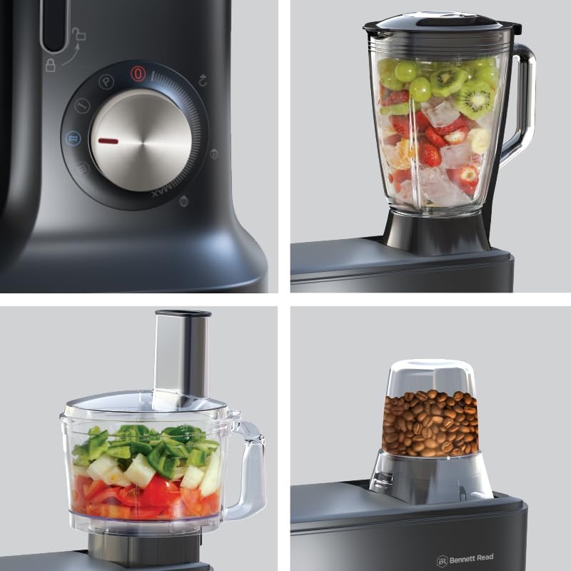 Close-up of control dial, blender, food processor, and grinder attachments