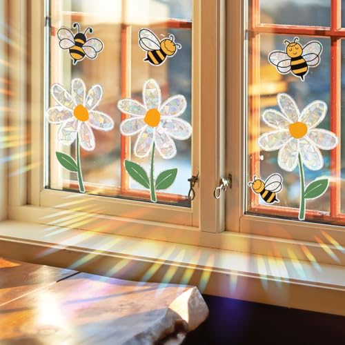 WandSticker4U®- Prisma Pegatinas ventanas niños FLORES y ABEJAS reutilizables I Vinilo adhesivo infantil ventana flores abejas I Decoración ventana habitación niños bebé primavera verano suncatcher