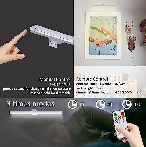 Image of Wierelss Picture Light,16inch Picture Light Battery Operated,Remote Control Painting Light with Timer and Dimmable, Full Metal Dartboard Light for Portrait,Display,Wall,Artwork,Gallery,Silver
