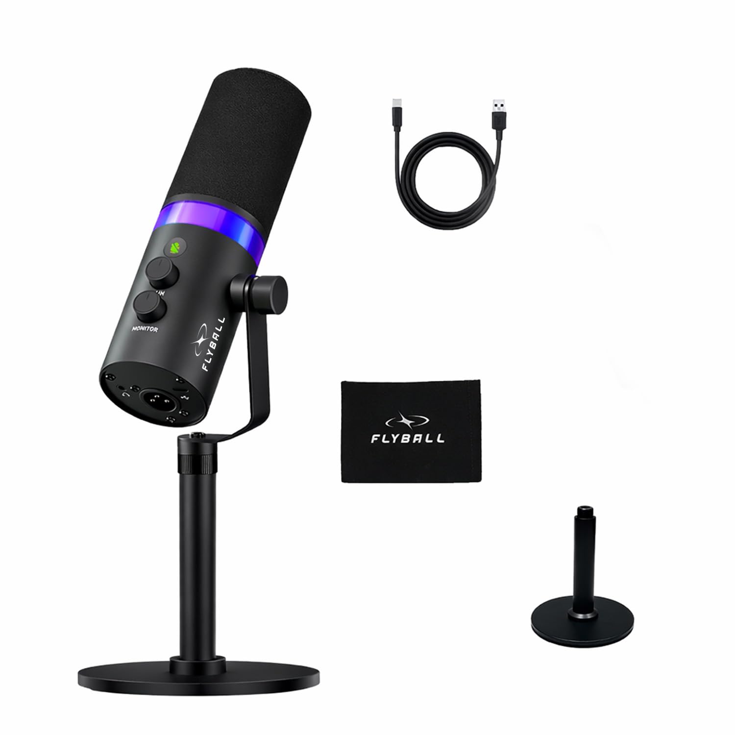 FLYBALL Studio-Grade XLR/USB Dynamic Microphone with Base Stand, RGB Gaming Podcast Mic, Gain Control, Volume Knob, Headphone Monitoring for YouTube, Streaming, Recording (UG 300)-image-26