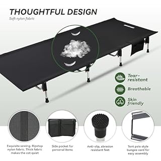 MARCHWAY Lightweight Folding Tent Camping Cot Bed with Lever Lock, Easy Setup Portable Compact for Outdoor Travel, Hunting, Hiking, Motorcycling, Support 330Lbs (Black)