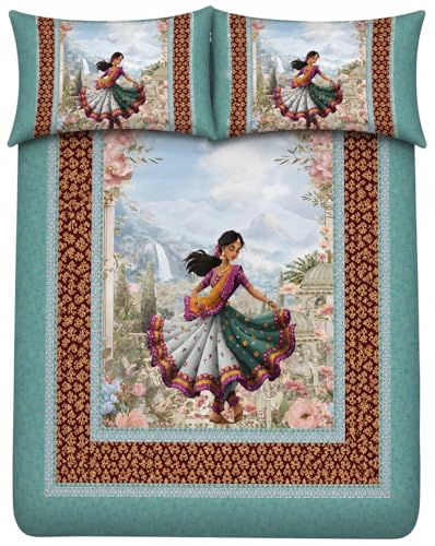 Image of 7D Digital Printed King Size Bedsheet | 240TC Premium Cotton Feel Microfiber with 2 Pillow Covers | Soft Breathable & Wrinkle Free Bedding Set | (BlueEthnic, King Size-225x250CM)