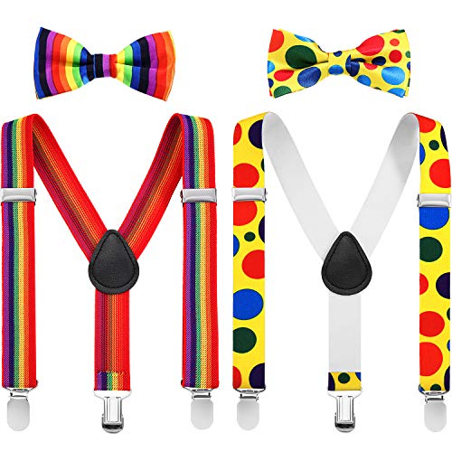 4 Pieces Kids Clown Suspenders Bowtie Set, Rainbow Suspenders Bowtie and Polka Dot Suspenders Bowtie for Halloween Party Favors
