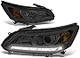 LED DRL Projector Headlights Assembly Compatible with Honda Accord 4-Door Sedan 13-15, Driver and Passenger Side, Chrome Housing Smoked Lens Amber Corner