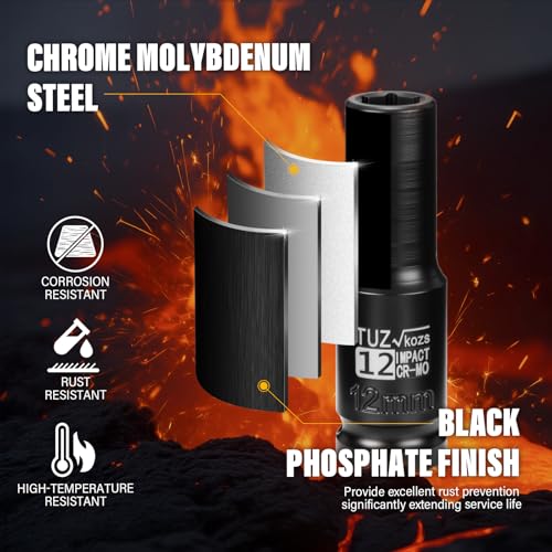 Image of 1 /2 Inch Drive 12mm Deep Metric Impact Socket,CR-MO,6 Point Radius Corner Design,Square Chamfered Opening,Axle Nut Impact Grade Socket for Easy Removal