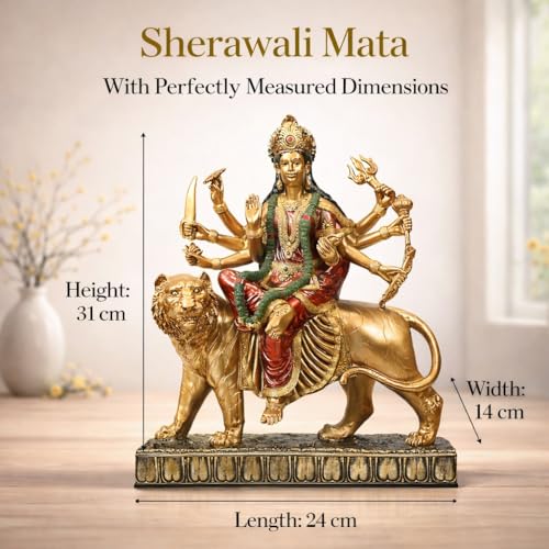 Image of ARMONIA Maa Durga Idol with Lion - Sherawali Mata Murti for Home Decor, Puja Mandir & Office Desk | Vaishno Devi Durga Mata Statue |Antique Polystone Goddess Idol for Navratri Gift (Height:12.20 Inch)