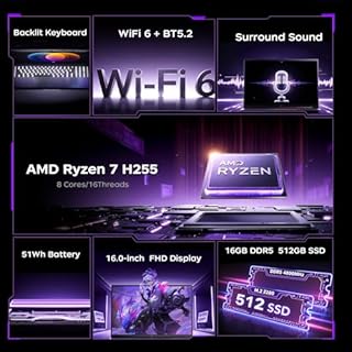 Tivique 2025 Ordinateur Portable Gaming 16 Pouces - Processeur Ryzen 7 H255 (Jusqu'à 4.9 GHz), Pc Portable DDR5 16 Go, SSD 512 Go (Extensible à 4 to), 4800MHz Clavier Rétroéclairé, WiFi 6