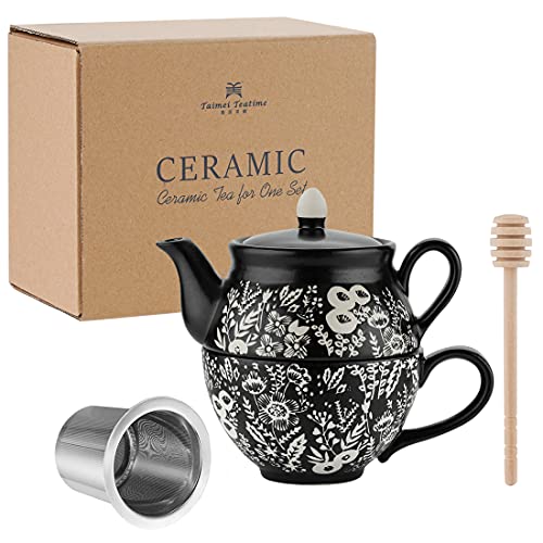 Taimei Teatime Black Ceramic Tea Set for One with Honey Dippers Stick, 15 oz Teapot with Infuser and Cup Set, Teapot Set in British Rural Style with Handpainted Floral Pattern, Tea Set Gift for Women
