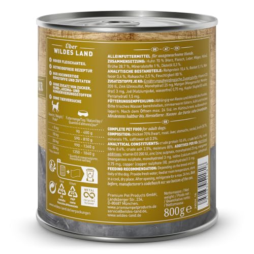 Wildes Land - Nassfutter für Hunde - Huhn PUR - 6 x 400 g - mit Distelöl - Getreidefrei - Extra hoher Fleischanteil von 70% - Beste Akzeptanz und Verträglichkeit