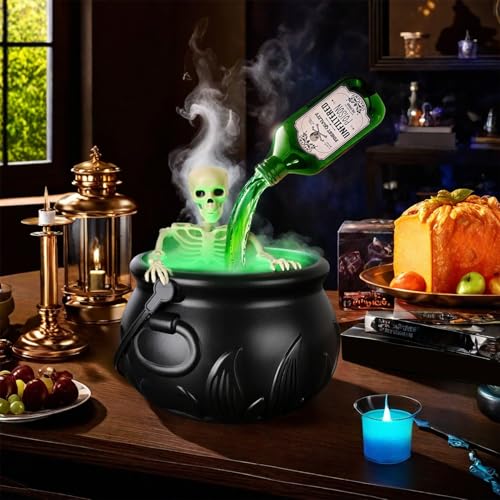 Halloween Decorations Indoor - Skeleton Cauldron Running Water Decor with Magic Floating Potion Bottles and Diffuser - Black Plastic Witches Bowl Summerween Decoration for Spooky Home Table (Set)