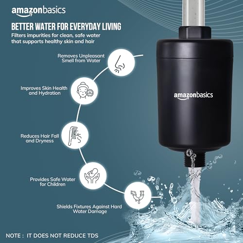 Image of Amazon Basics 15 Stage Shower /Tap Filter & Water Softener for Home (Black) | Reduces Hair Fall, Skin Dryness & Limescale| Hard Water Filter for Tap, Shower, Handshower| for Municipal /Chlorine Water