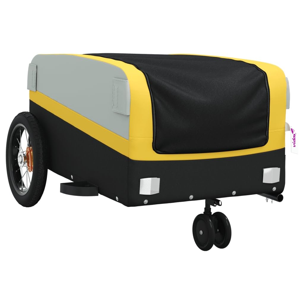 Remolque de bicicleta negro de hierro con capacidad de carga, 122 x 52,5 x 42, barra de tracción y bandera de seguridad, ideal para transporte de equipaje, compras, niños, perros y actividades