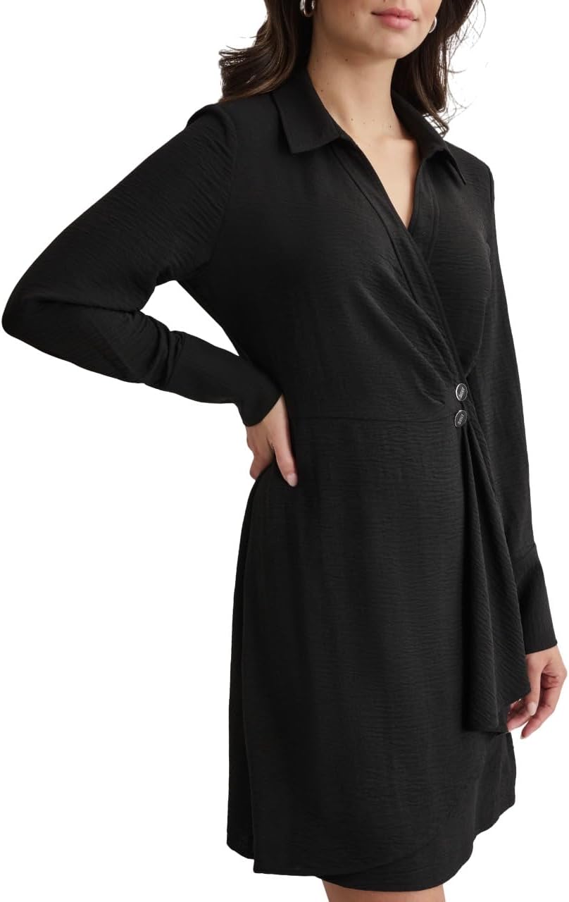 DKNY Womens Long Sleeve Collared Neck Mini Faux Wrap Front Button Detail Dress - Image 3