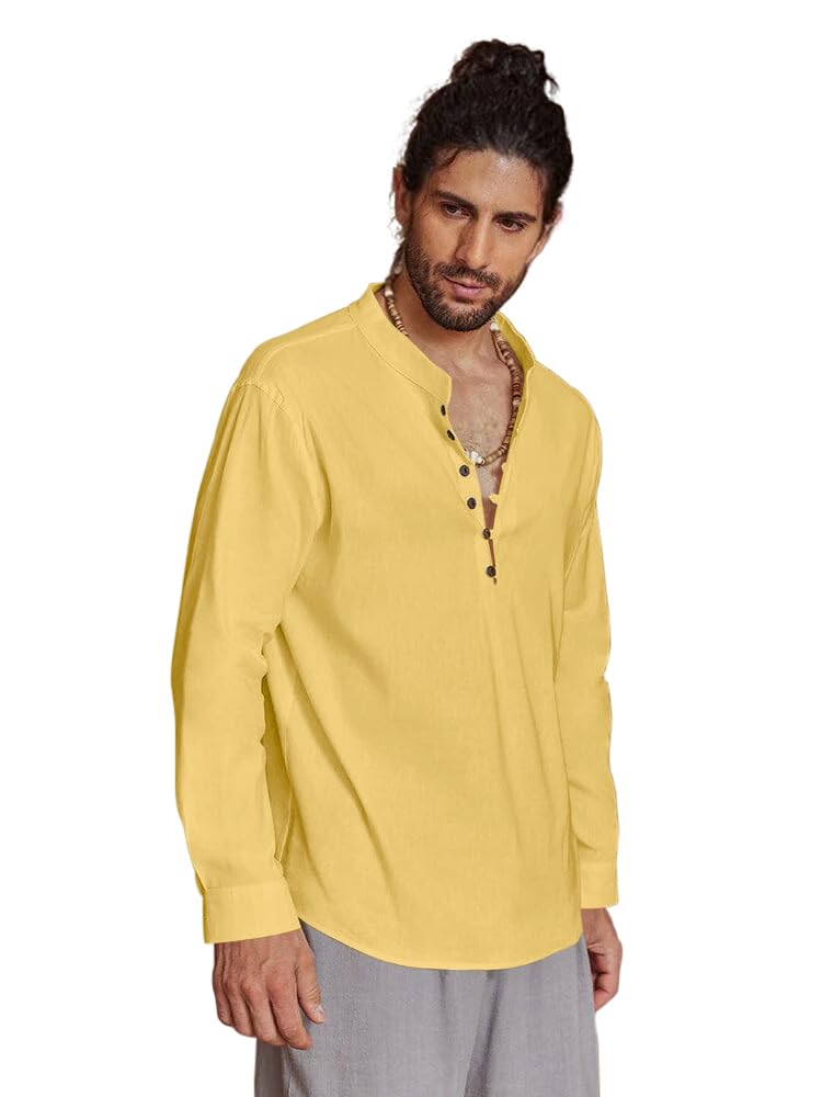 Royalscout Men's Cotton Solid Full Sleeve Short Kurta Shirt Yellow