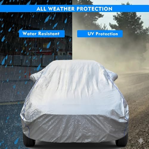 Image of 100% Waterproof Car Body Cover Compatible with Renaults Triber (2015 to 2026), with Mirror Pockets, Long Lasting Strong Durable Material, Bottom Elastic Triple Stitched (Silver)