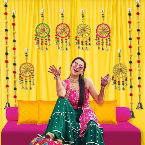 Image of Party Propz Yellow Backdrop Cloth for Decoration with Pom Pom Hangings - 18Pcs Haldi Decoration Items for Home Decor, Haldi Backdrop Decorations Set, Pooja, Wedding Decor