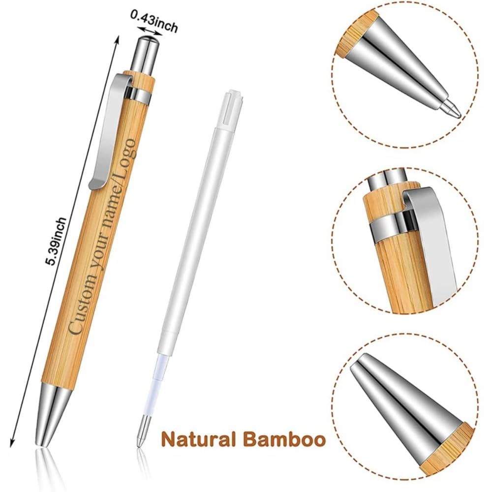 Bolígrafos retráctiles de madera de bambú personalizados, bolígrafos de tinta negra grabados, con nombre personalizado, logotipo para regalos, escritura, suministros escolares de oficina (100
