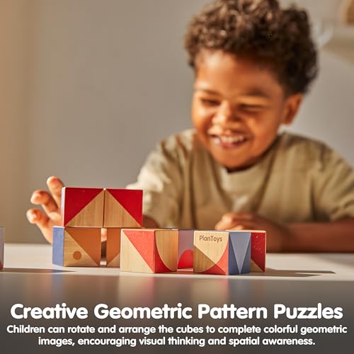 Image of PlanToys Wooden Geo Pattern Cubes | Montessori Puzzle Toy for Problem Solving, Logical Thinking and Visual Skills | STEM Learning Blocks with Numbers and Patterns | Eco Friendly Educational Toy