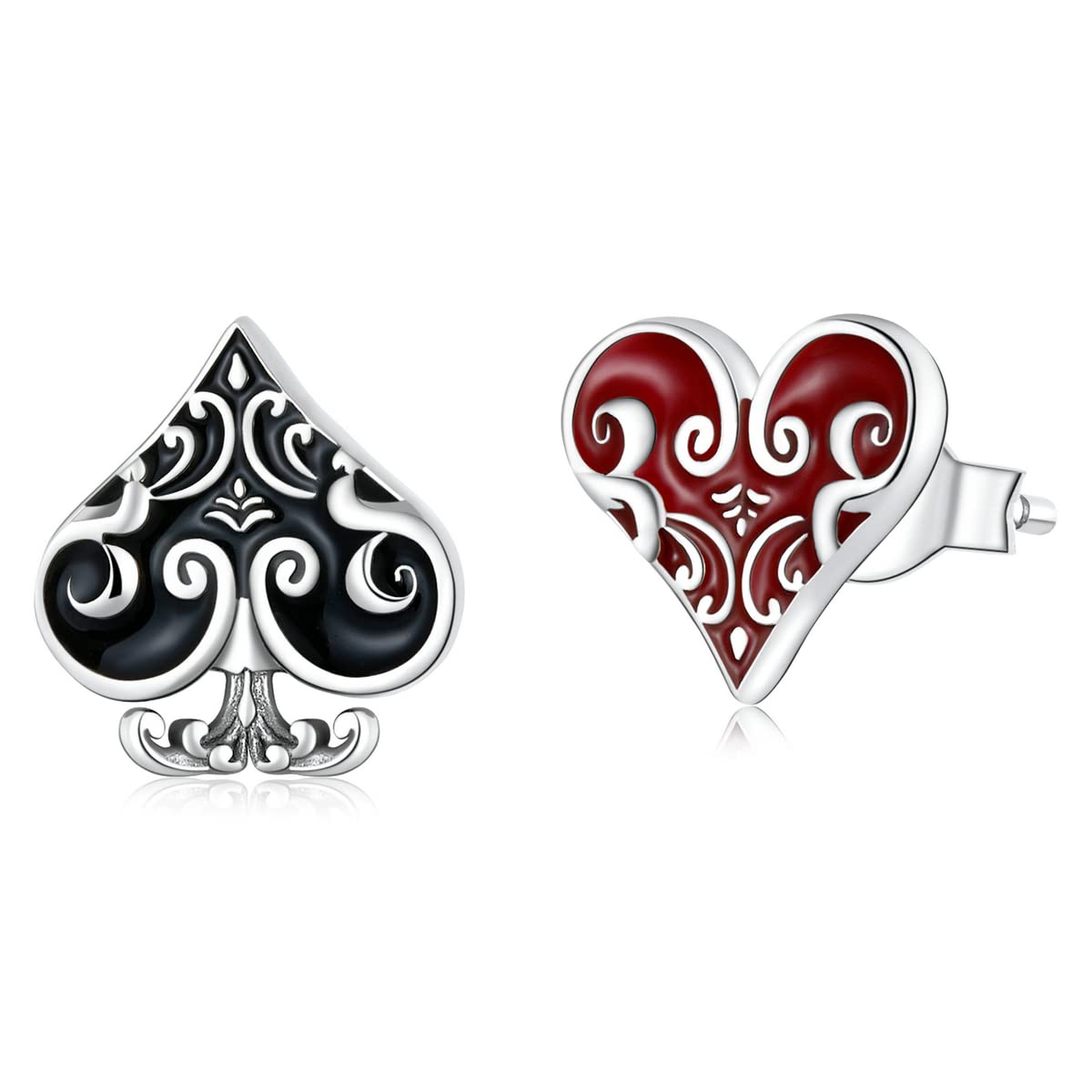 YCTTKDD 925 Sterling Silber Stil Poker Ohrstecker Vintage Muster Rot Schwarz Herz Ohrstecker für Frauen Party Schmuck Victoria