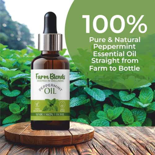 Image of Farm Blends Peppermint Essential Oil 100% Undiluted Pure | Headache Relief, Anti Acne, Anti Dandruff, Relaxes Muscle, Cough Relief, Keeps Rats Away | Farm To Home | Natural | Mentha piperita|30ML + 30ML (Pack of 2)