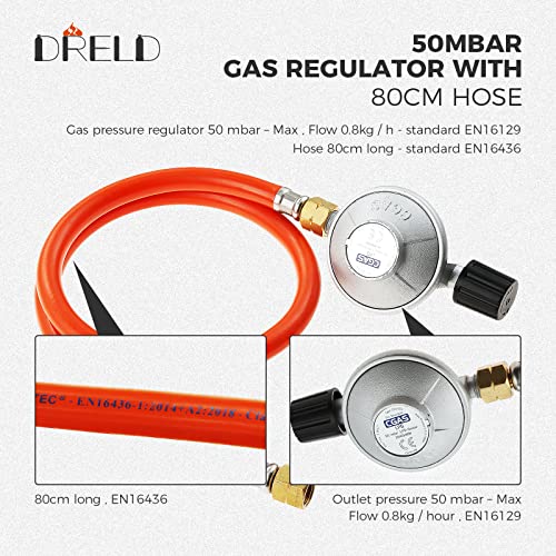 DRELD Gasschlauch Druckminderer Set 50 mbar Gasschlauch 80 cm Regler Set mit Schraubanschluss 1/4 Links×7/16 Gas Anschluss Set für Heizstrahler Hockerkocher Gasherd Gaskocher